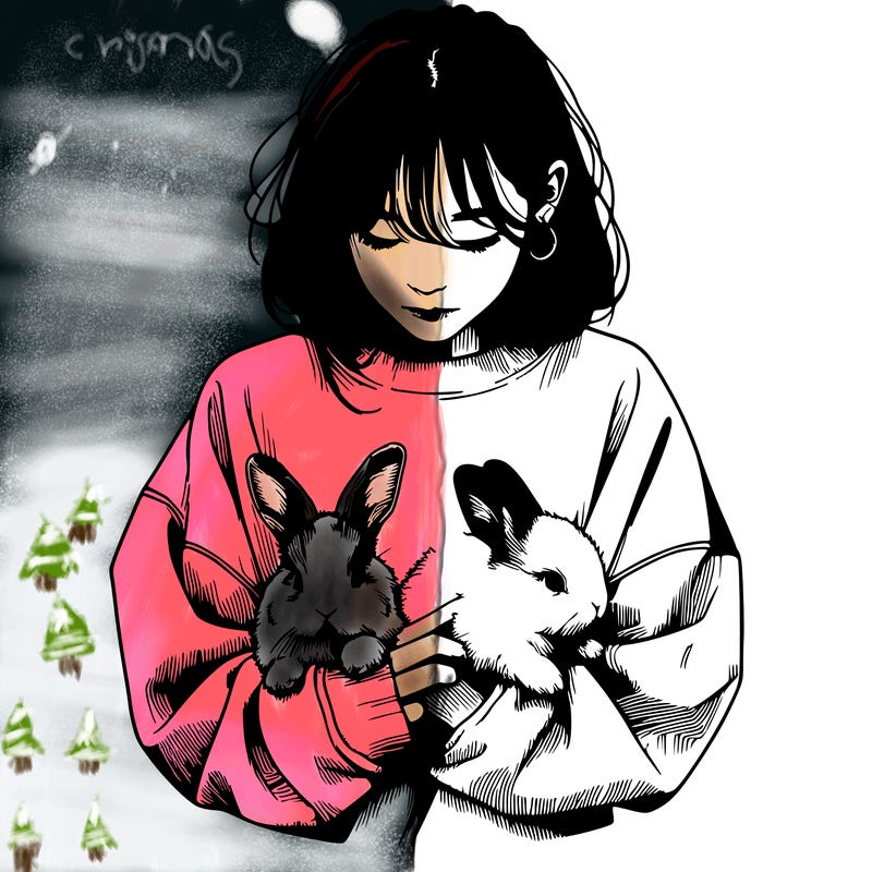 realistic girl with messy bunny baggy sweatshirt and holding bunnies