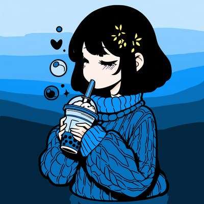 manga girl drinking boba in cozy sweater