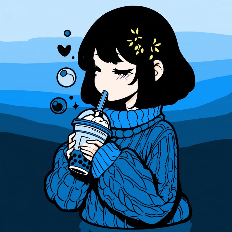 manga girl drinking boba in cozy sweater