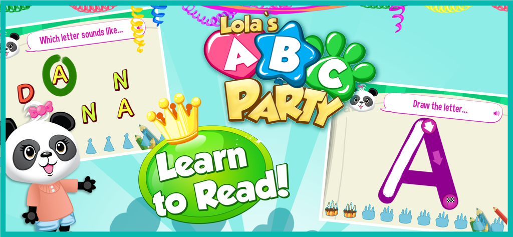 Lola's ABC Party - Reading fun - Interface of Lola's ABC Party app showing letter tracing and phonics games for early readers