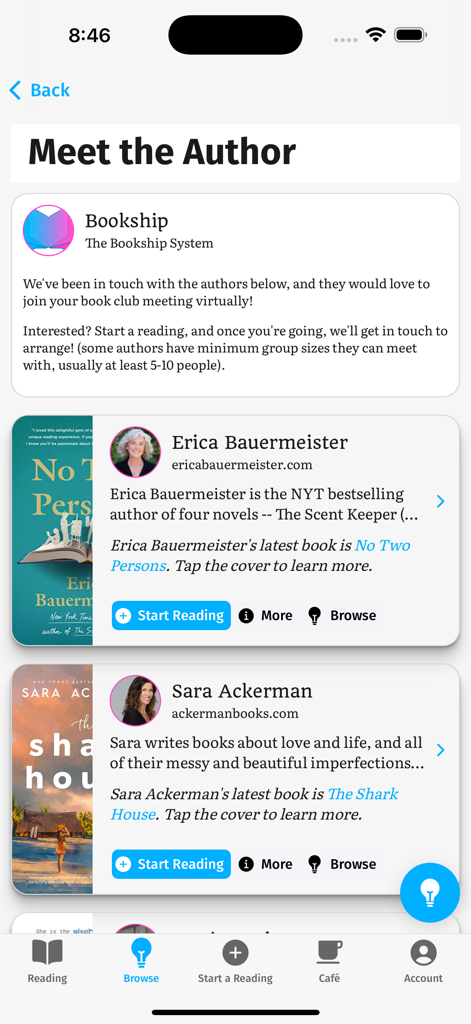 Bookship: a virtual book club - Meet the Author screen in the Bookship app showing virtual book club meeting opportunities with authors like Erica Bauermeister and Sara Ackerman.