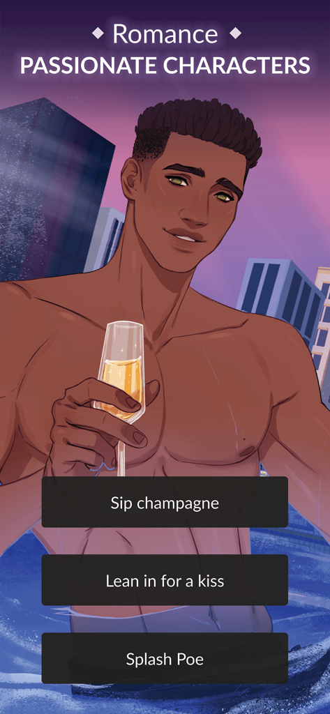 Fictif: Interactive Romance - Interactive romance story scene featuring a character named Poe with dialogue choices