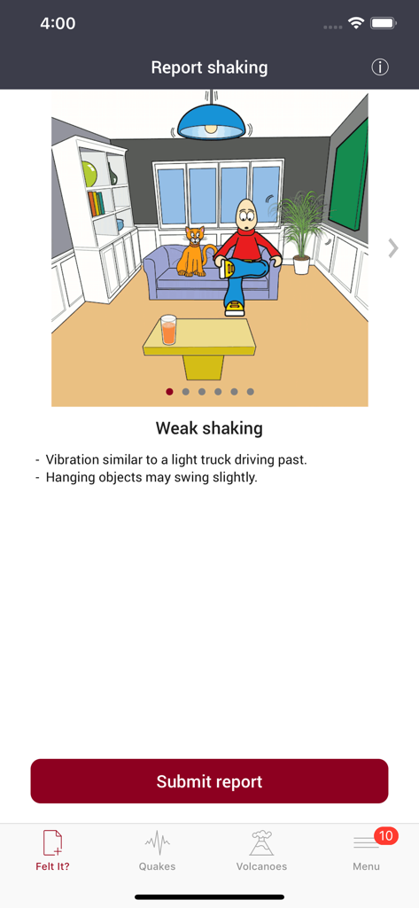 Interface for reporting weak earthquake shaking in the GeoNet Quake app with an illustration of a swinging lamp in a living room.