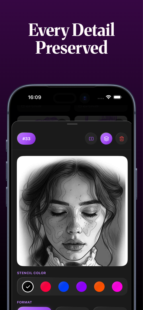 Stencil AI - Tattoo Stencils - Screenshot of the Stencil AI app displaying a detailed realism tattoo stencil of a woman's portrait with color customization options.