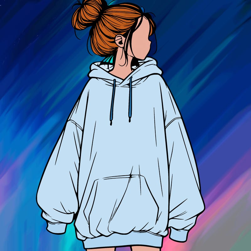 realistic girl with a oversized sweatshirt on and a bun