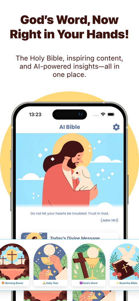Un smartphone mostrando la interfaz de la aplicación Biblia IA con una ilustración de Jesús y un versículo diario.