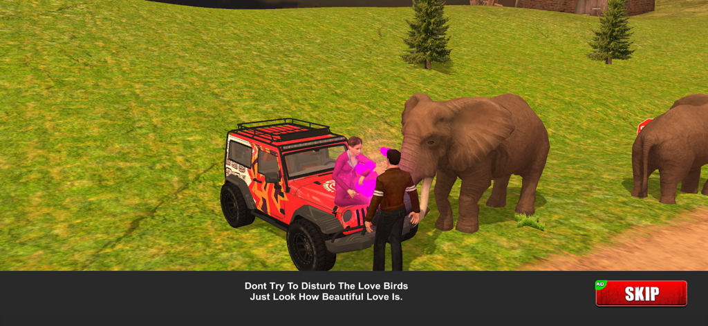 Mountain Valley off road Jeep - A red off-road jeep parked in a green valley next to a large elephant.