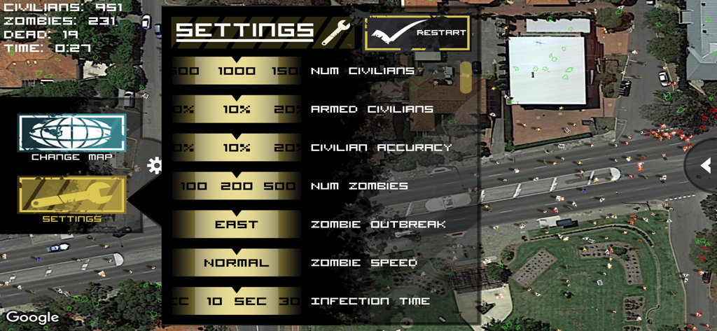 Settings menu in Zombie Outbreak Simulator showing customization options for civilians and zombies over a satellite map.