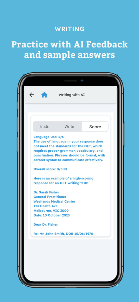 OET Sample Tests - OET app interface showing writing practice results with AI scoring and a medical sample answer