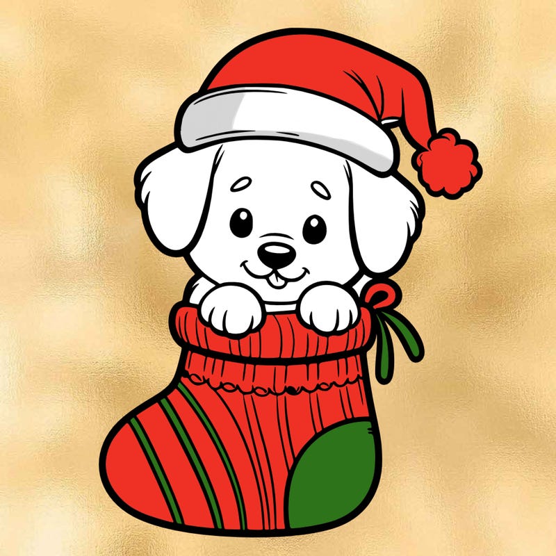 cute puppy wearing santa hat in socking