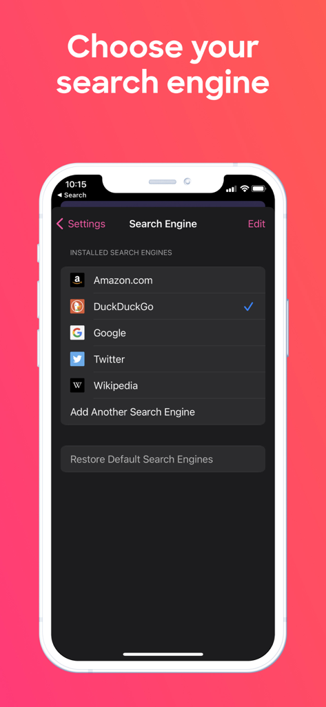 Interface do aplicativo Firefox Focus mostrando as configurações de seleção do motor de busca com opções como DuckDuckGo e Google