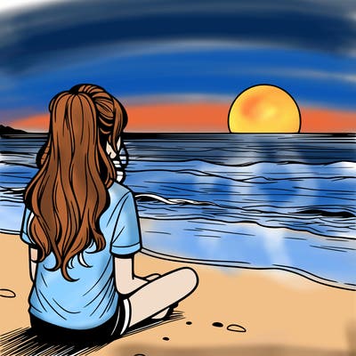 a girl watching the sunset on the horizon at ocean realistic