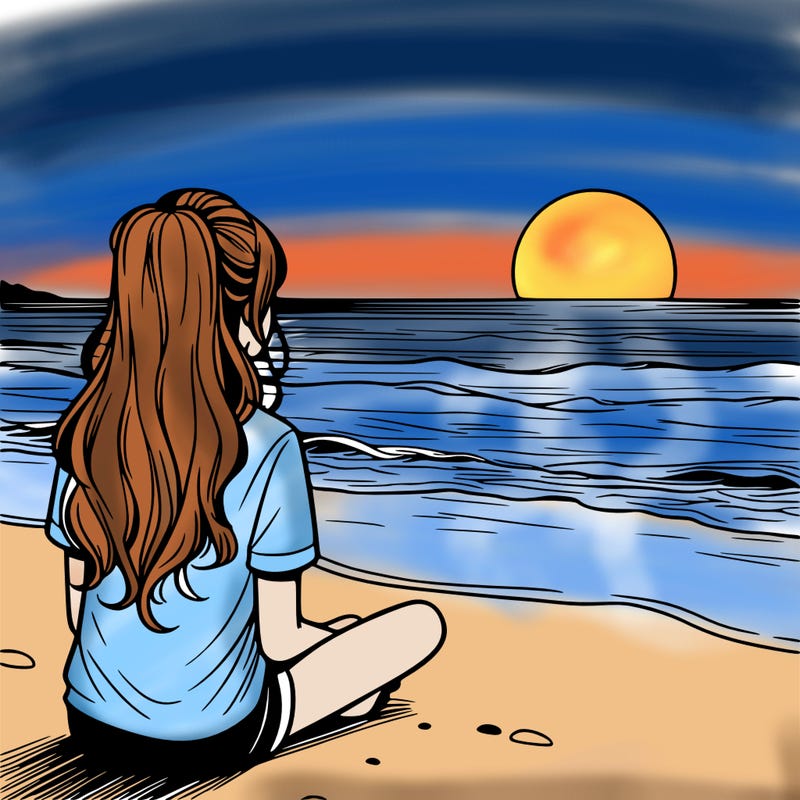 a girl watching the sunset on the horizon at ocean realistic