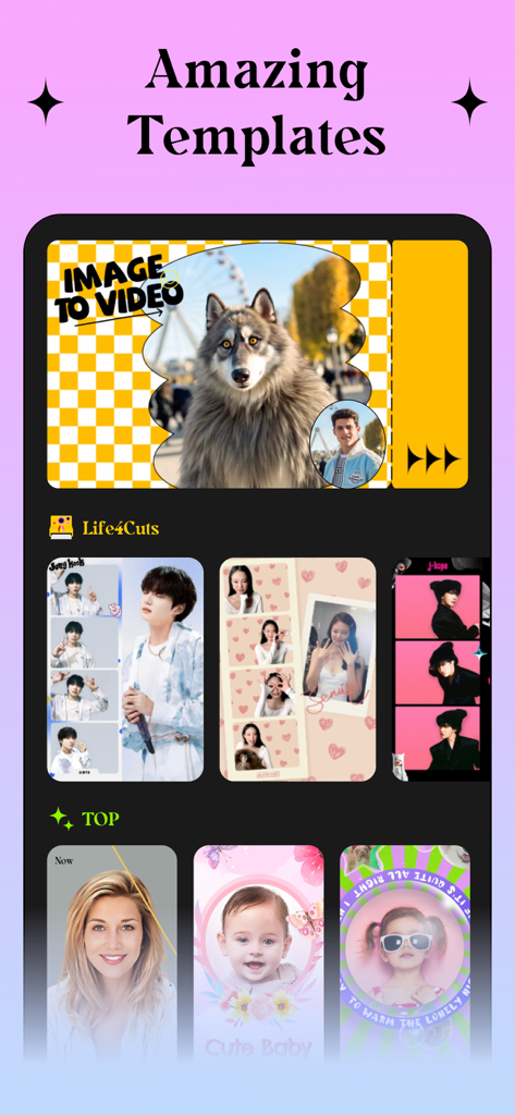 Ritmo Video: AI Video Generate - AI 비디오 템플릿과 Life4Cuts 사진 부스 기능을 보여주는 Ritmo Video 앱 인터페이스
