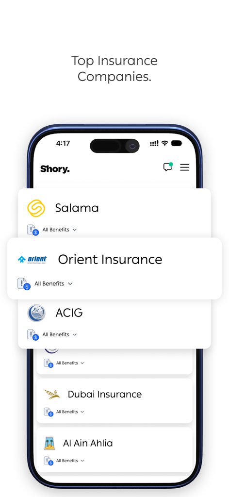 Mobile app screen showing a list of top insurance companies for comparison