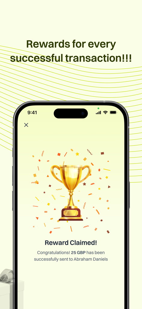 Prune Payments - Prune Payments app interface displaying a Reward Claimed message with a gold trophy after a successful money transfer.
