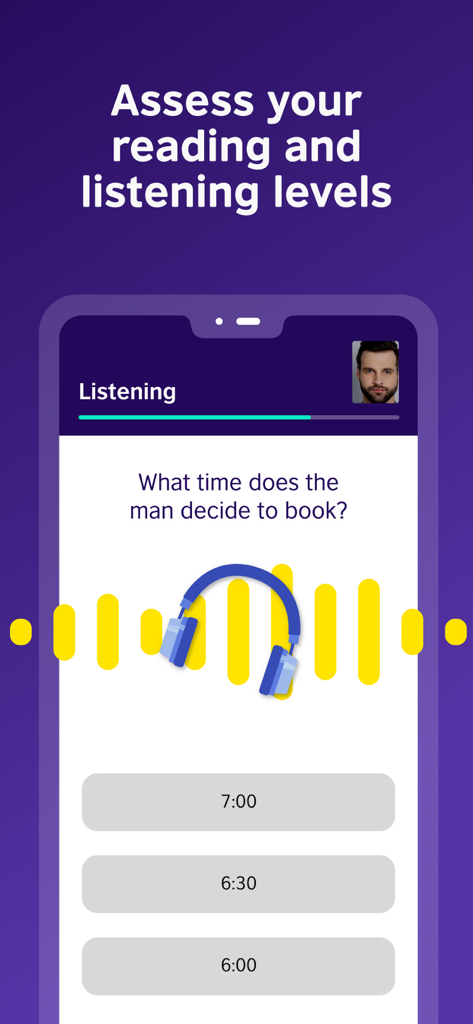 EnglishScore - リスニング評価、選択問題、音声進捗バーを表示するEnglishScoreモバイルアプリのインターフェース