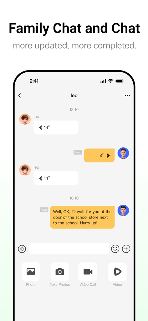 imoo Watch Phone - Interface of the imoo Watch Phone app showing a family chat with voice and text messages between a parent and child