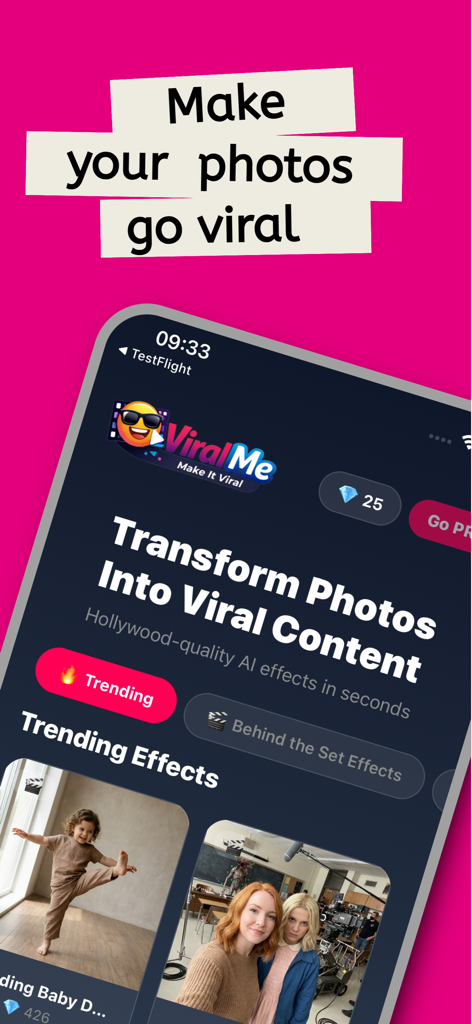ViralMe AI - Écran de l'application mobile ViralMe AI montrant des effets IA tendance pour rendre les photos virales