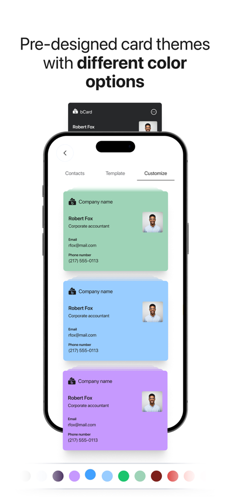 bCard: Digital Business Card - Interface montrant plusieurs options de couleurs pour les modèles de cartes de visite numériques dans l'application bCard