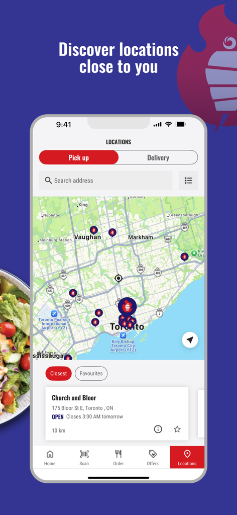 Tahini's Restaurants - Map view in the Tahinis Restaurants app showing nearby store locations for pickup and delivery