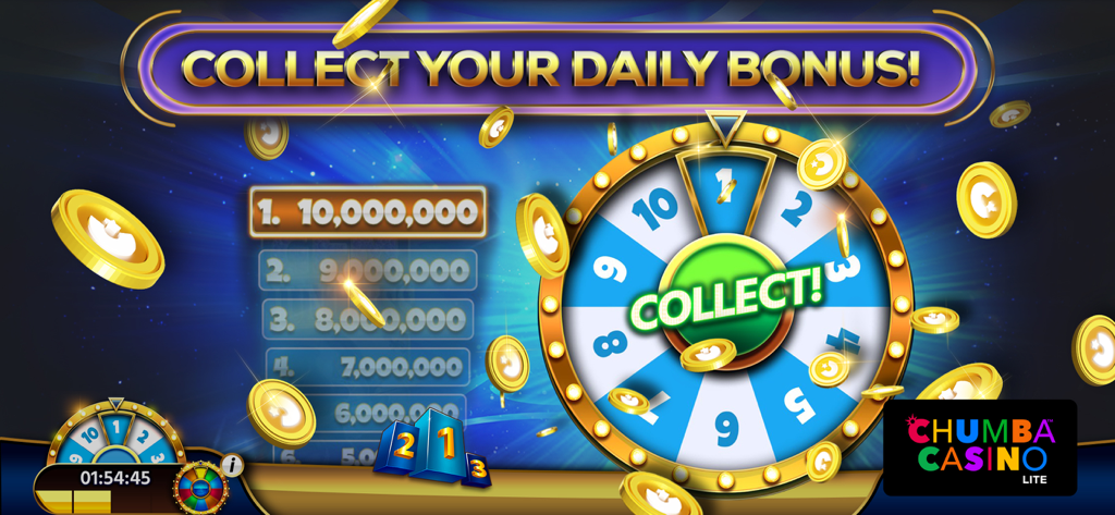 Chumba Lite – Casino games - Daily bonus spin wheel screen in Chumba Lite showing collect button and falling gold coins