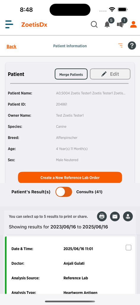 ZoetisDx app screen displaying canine patient information and heartworm antigen diagnostic results