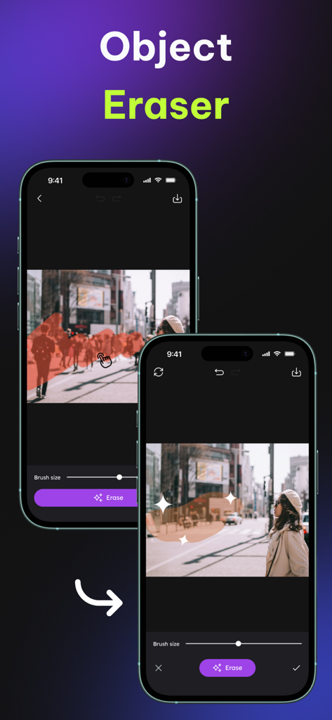 Pixie: AI Photo & Video Editor - Función borrador de objetos de Pixie AI mostrando resultados de edición de fotos antes y después