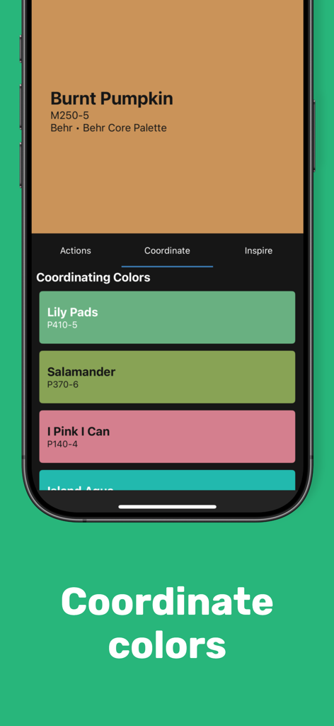 color muse - Une capture d'écran de l'application mobile Color Muse montrant des recommandations de couleurs de peinture coordonnées pour la décoration intérieure et les projets de rénovation professionnels.