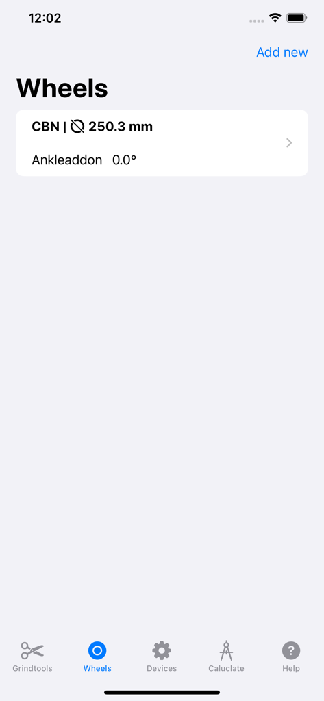 Grindcalculator - Oberfläche der Grindcalculator-App, die die Schleifscheibenbibliothek mit einer CBN-Scheibe mit einem Durchmesser von 250,3 mm anzeigt