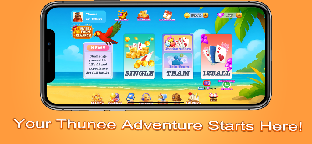 Durban League - Durban League main menu showing game modes like Single, Team, and 12-ball against a tropical beach background.