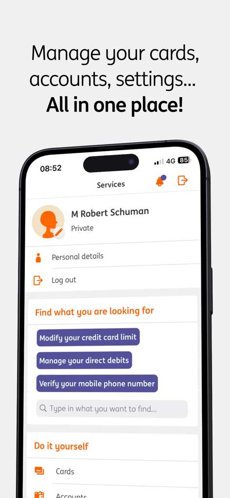 ING Banking app services interface for managing accounts cards and personal settings