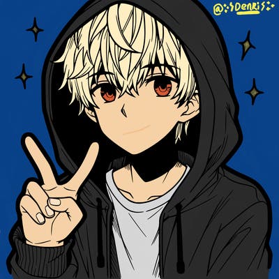 teenage manga boy in a hoodie, doing ✌
