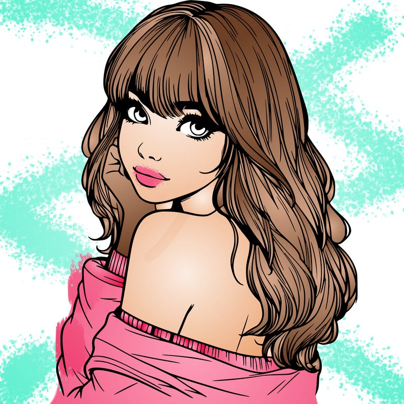 realistic girl with bangs looking over her shoulder