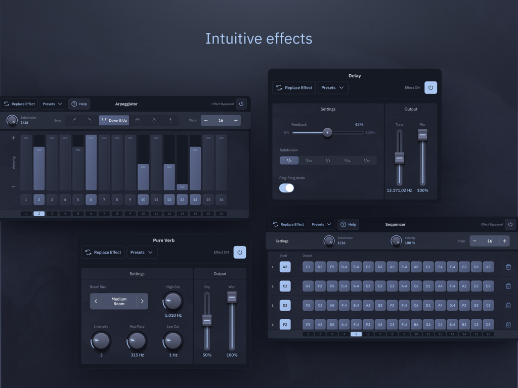 Sunday Keys - Intuitive effects interface in Sunday Keys app showing arpeggiator delay reverb and sequencer controls