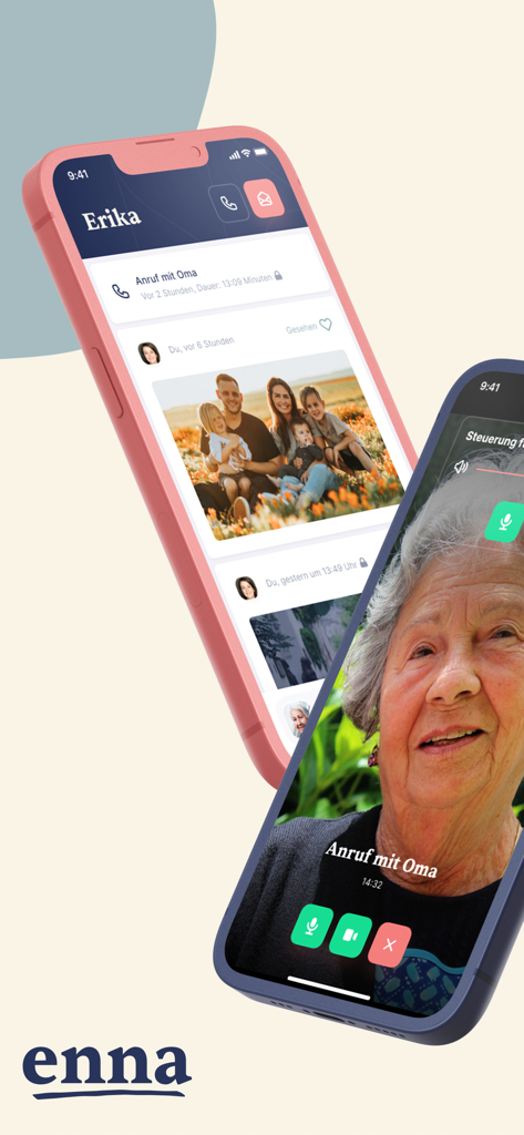 enna - Two phones displaying the enna app with a family photo feed and a live video call with a grandmother.