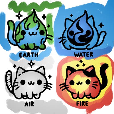 4 cats that represent the different elements, earth, water, air, and fire