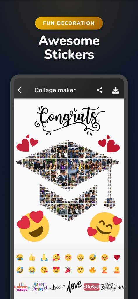 Phinsh Photo Collage Maker - A graduation cap photo collage decorated with stickers and emojis in the Phinsh app