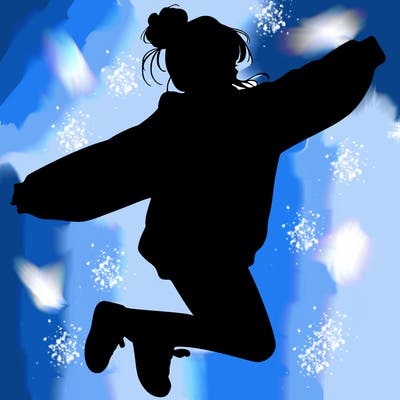 realistic girl jumping with a bun and oversized sweatshirt