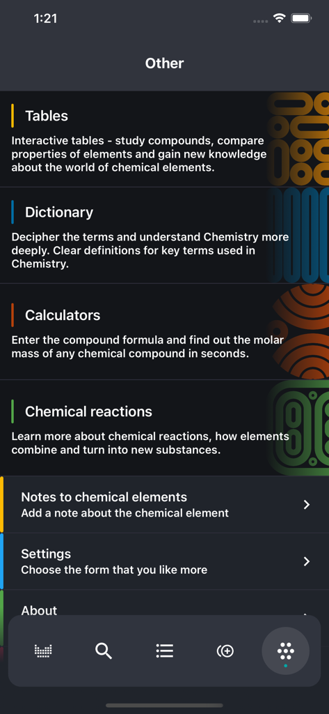 Periodic Table 2025 PRO - Menu of Periodic Table 2025 PRO app featuring chemistry tables dictionary and calculators