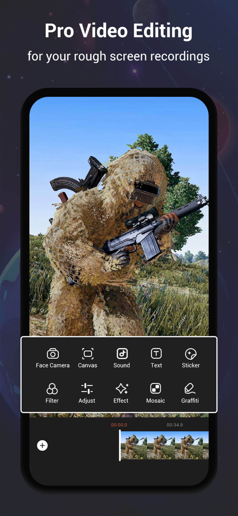 Screen Recorder，Video Recorder - Interfaccia dell'app V Recorder che mostra strumenti di editing video professionali per una registrazione dello schermo di gioco