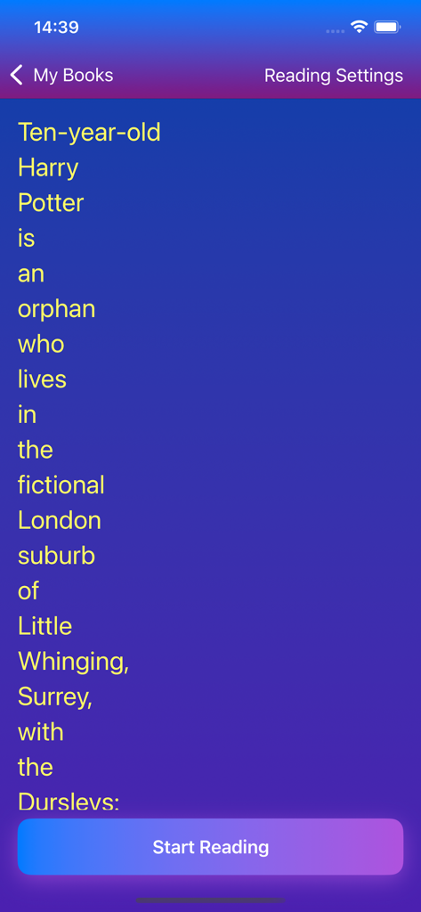 Speed Reading App - Speed Reading App内にテキストプレビューが表示され、「読む」ボタンがあるモバイル画面