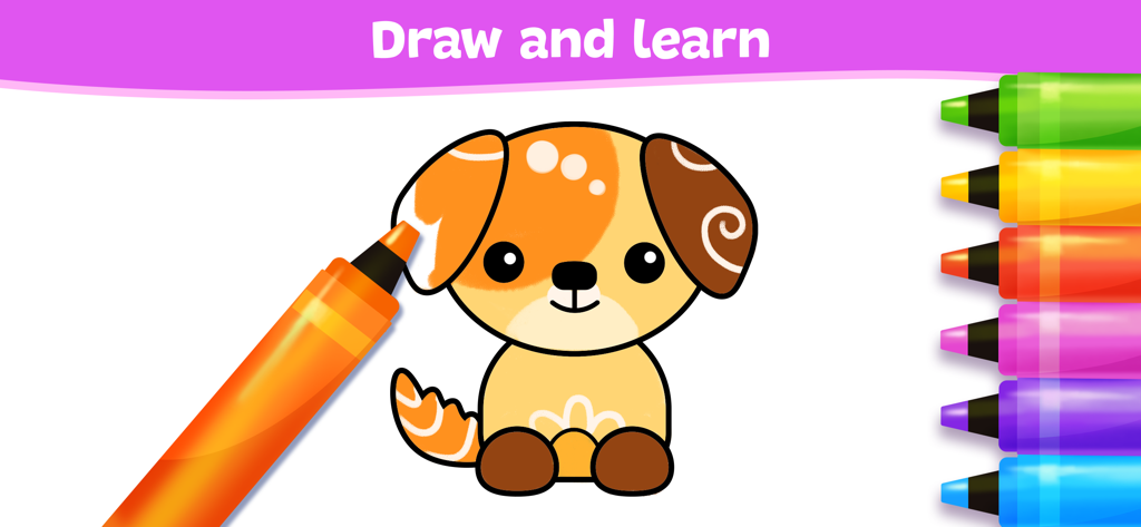 Ein Cartoon-Welpe wird in der Oberfläche einer Malbuch-App für Kinder mit bunten Buntstiften ausgemalt.