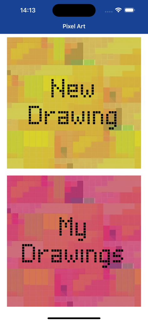 Pixel Art - 8 Bit Painter - Pixel Art 8 Bit Painter App-Menü mit den Optionen Neue Zeichnung und Meine Zeichnungen