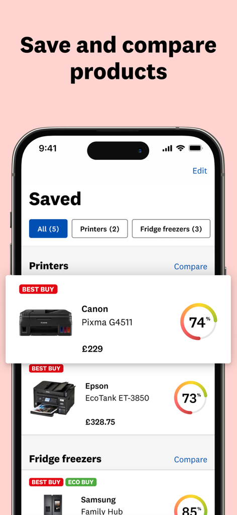 Interface da aplicação Which? mostrando uma lista de produtos guardados, incluindo impressoras com avaliações de especialistas e etiquetas de Melhor Compra