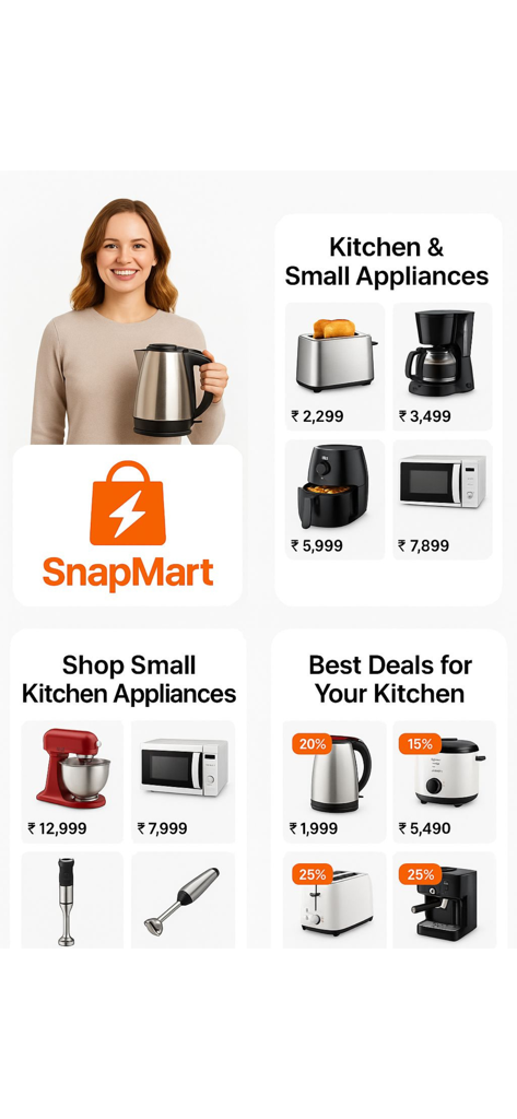 Snapmart - Online Shopping app - Snapmart app interface showcasing kitchen appliances and promotional deals on small home electronics.