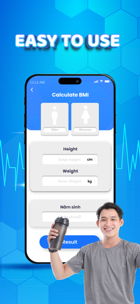 Benutzeroberfläche der Weight Watchers Waage App, die den BMI-Rechner-Bildschirm mit Eingabefeldern für Größe und Gewicht und einem Mann zeigt, der einen Fitness-Shaker hält.