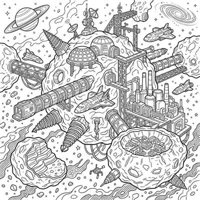 Embark on an epic space journey with this highly detailed coloring page featuring a bustling asteroid mining colony. Discover intricate structures, spaceships, and industrial operations set against the vastness of space.
