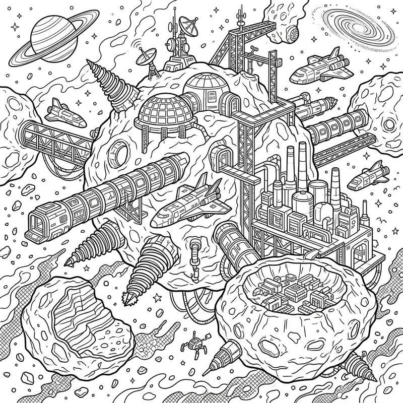 Embark on an epic space journey with this highly detailed coloring page featuring a bustling asteroid mining colony. Discover intricate structures, spaceships, and industrial operations set against the vastness of space.