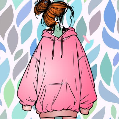 realistic girl with a oversized sweatshirt on and a bun